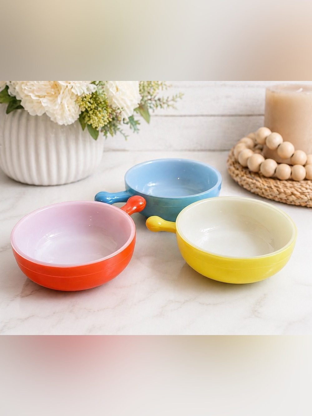 Vintage Glasbake Mini Skillet Bowls Set of 3- Red Yellow Blue-Made on USA - Picture 2 of 4